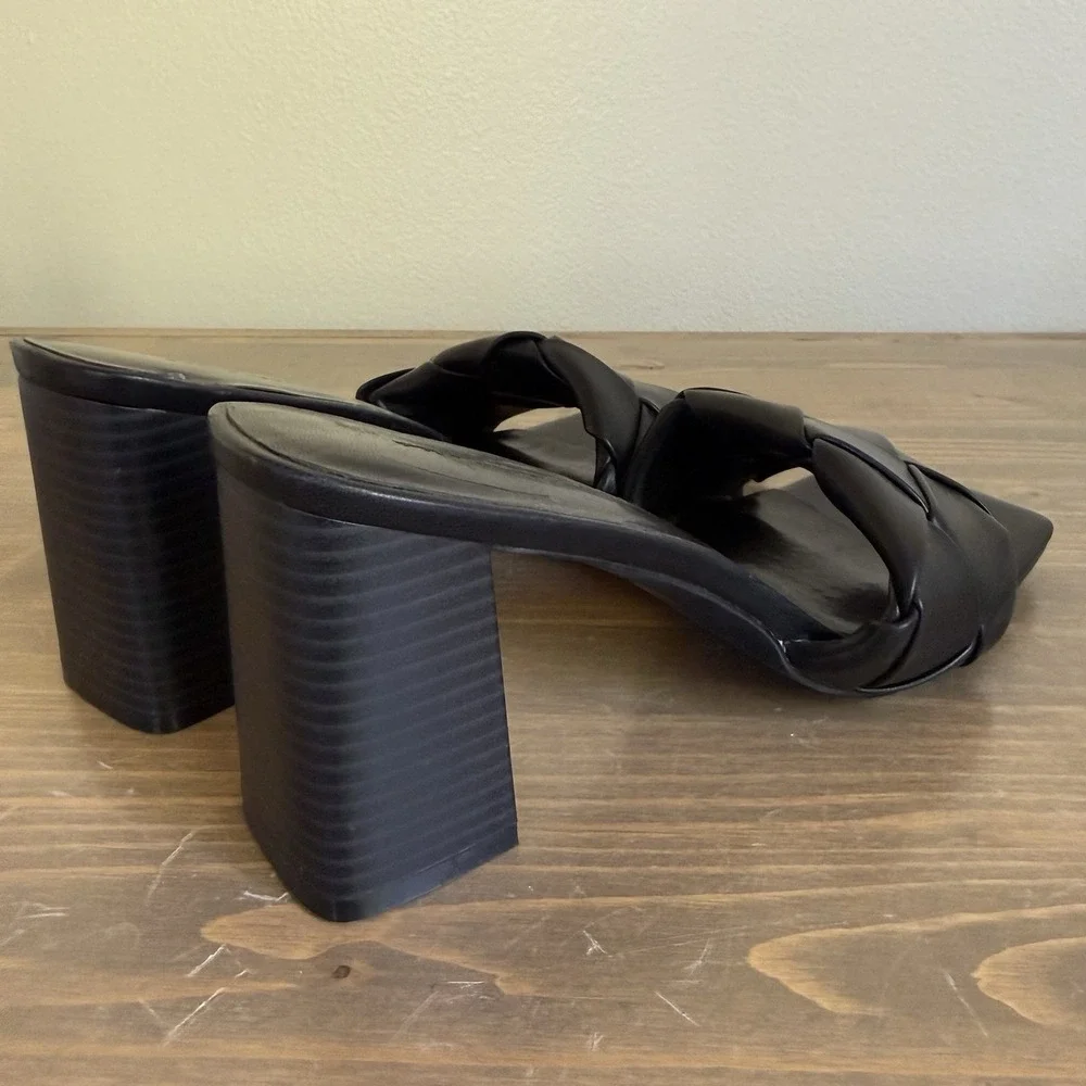 Princess Polly Womens 9 Black Bisou Woven Square Toe Slip On Block Heels Sandals